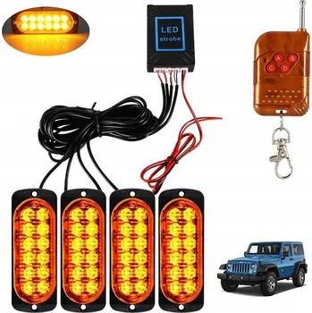Maják 4x ORANŽOVÁ LED STROBOSKOPICKÁ SVĚTLA VÝSTRAŽNÁ MAJÁK AUTOPŘEPRAVNÍK 12V S DÁLKOVÝM OVLÁDÁNÍM