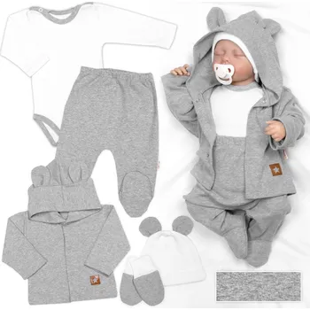 Kojenecké oblečení Žebrovaná sada, Star 5D, body, polodupačky, kabátek, čepička, rukavice - šedá, bílá, 74