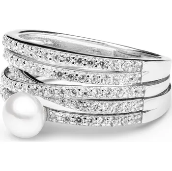 Prsten ANNA PERLY Exkluzivní a noblesní víceřadý stříbrný prsten s pravou bílou perlou a zirkony Velikost prstenu: 52, Barva perly: bílá