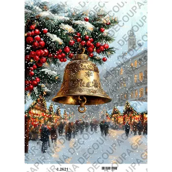 Umělecký papír Rýžový a soft papír na decoupage - Zimní město a zvon - KB2621 Materiál: Rýžový papír, Rozměr: A4