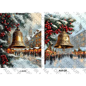 Výtvarný papír Rýžový a soft papír na decoupage - Zimní město a zvon - KB2634 Materiál: Rýžový papír, Rozměr: A4