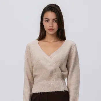 Dámský svetr Reserved - Krátký kardigan s překládaným lemem - béžová - 508HH-08M - 508HH-08M-S