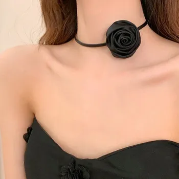 Náhrdelník Černý dámský CHOKER s páskem NÁHRDELNÍK květ RŮŽE na krk elegantní