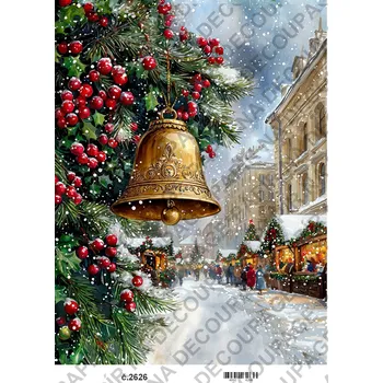Umělecký papír Rýžový a soft papír na decoupage - Zimní město a zvon - KB2626 Materiál: Soft, Rozměr: A4