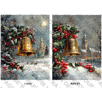 Umělecký papír Rýžový a soft papír na decoupage - Zimní město a zvon - KB2632 Materiál: Soft, Rozměr: A4
