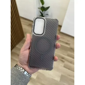 Pouzdro na mobilní telefon Odolné pouzdro Fiber MagSafe Samsung Galaxy A17 5G šedé (Odolné pouzdro, obal a kryt Fiber s MagSafe pro Samsung Galaxy A17 5G – šedý karbonový design a hliníková tlačítka)