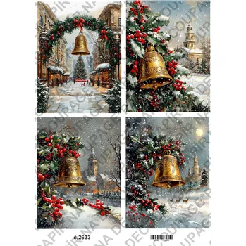 Umělecký papír Rýžový a soft papír na decoupage - Zimní město a zvon - KB2633 Materiál: Soft, Rozměr: A4