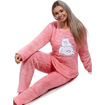 Dámské pyžamo Růžové extra teplé huňaté pyžamo na zimu pro ženy BÍLÉ KOČKY 1Z1661 růžová l