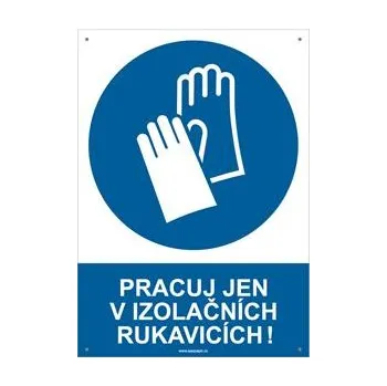 PRACUJ JEN V IZOLAČNÍCH RUKAVICÍCH - bezpečnostní tabulka s dírkami, plast A4, 2 mm