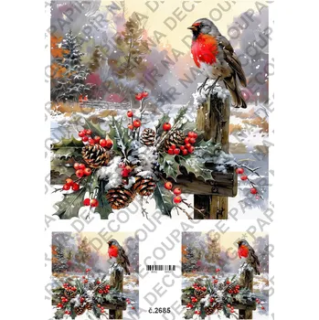 Umělecký papír Rýžový a soft papír na decoupage - Ptáček, lucerna, zima - KB2685 Materiál: Soft, Rozměr: A4