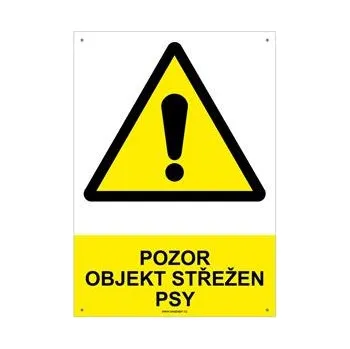 POZOR OBJEKT STŘEŽEN PSY - bezpečnostní tabulka s dírkami, plast A4, 2 mm