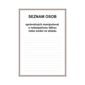 SEZNAM OSOB OPRÁVNĚNÝCH MANIPULOVAT S NEBEZPEČNOU LÁTKOU NEBO SMĚSÍ VE SKADU, plast 2 mm s dírkami A4