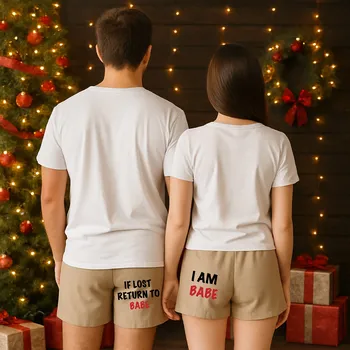 Trenýrky Trenky s potiskem BABE, pro pár Velikost pro ni: L, Velikost pro něj: M, Barva trenek: Béžová