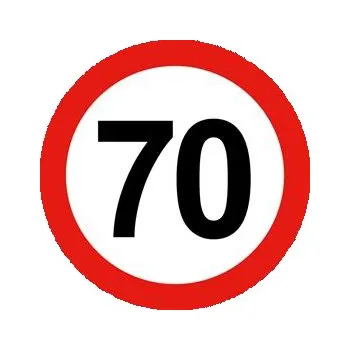 Nejvyšší omezená/konstrukční rychlost vozidla 70 km, bezpečnostní tabulka, samolepka - kruh 10 cm
