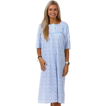 Dámské noční prádlo Modře květovaná noční košilka v dlouhé délce pro ženy s knoflíky 1C3407 modrá 4xl