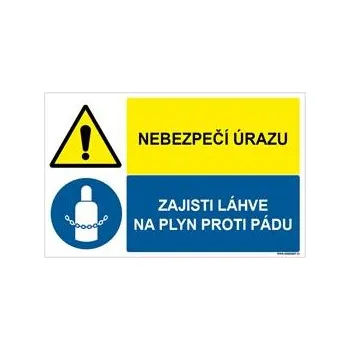 Značení NEBEZPEČÍ ÚRAZU - ZAJISTI LÁHVE NA PLYN PROTI PÁDU, KOMBINACE, Samolepka 95x60 mm