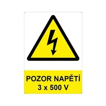 POZOR - napětí 3 x 500 V ! - bezpečnostní tabulka s dírkami, plast 2 mm, A4