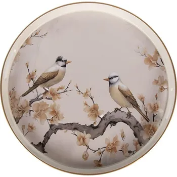 Béžový kulatý podnos s ptáčky a úchyty - Ø 46*4 cm