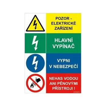 POZOR ELEKTRICKÉ ZAŘÍZENÍ - HLAVNÍ VYPÍNAČ - VYPNI V NEBEZPEČÍ - NEHAS VODOU ANI PĚNOVÝMI PŘÍSTROJI, plast 2 mm 148x210