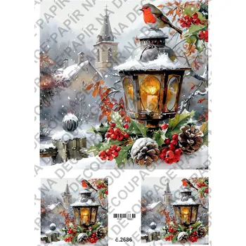 Umělecký papír Rýžový a soft papír na decoupage - Ptáček, lucerna, zima - KB2686 Materiál: Soft, Rozměr: A4