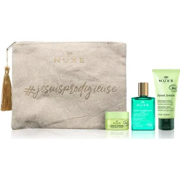 Kosmetická sada Nuxe Huile Prodigieuse Nuxe Sweet Lemon krém na ruce a nehty 50 ml + Nuxe Sweet Lemon balzám na rty 15 g + Nuxe Huile Prodigieuse Néroli multifunkční suchý olej na obličej, tělo a vlasy 30 ml + kosmetická taštička 1 kosmetická sada