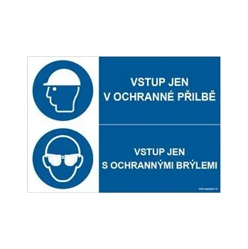 Vstup jen v ochranné přilbě - vstup jen s ochrannými brýlemi, kombinace, samolepka a4