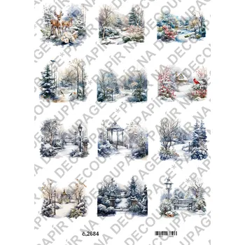 Umělecký papír Rýžový a soft papír na decoupage - Zimní krajinka - KB2684 Materiál: Soft, Rozměr: A4