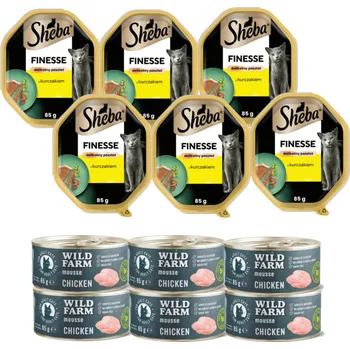 Krmivo pro kočku SHEBA Finesse tácek 6x85 g – kompletní mokré krmivo pro dospělé kočky, s kuřecím masem, v paštice + WILD FARM Mousse Chicken 6x85g – bezobilný mousse pro kočky