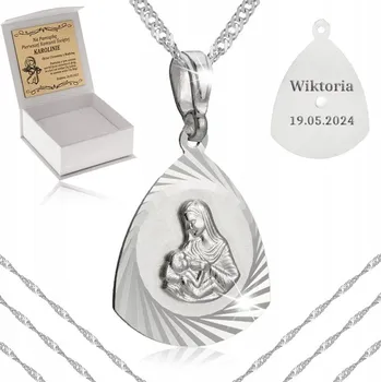 Řetízek STŘÍBRNÝ ŘETÍZEK + MEDAILON PASIJKA Matka Boží 925 DÁREK SVATÉ PŘIJÍMÁNÍ GRAVÍROVÁNÍ