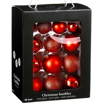 Vánoce LAALU Vánoční ozdoby - koule, červené, skleněné, mix 5-7 cm, 26 ks