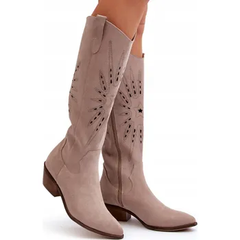 Dámské kozačky BEŽOVÉ SEMIŠOVÉ KOZAČKY S VZOREM NA NÍZKÉM PODPATKU ZAZOO 2909 - VELIKOST 36