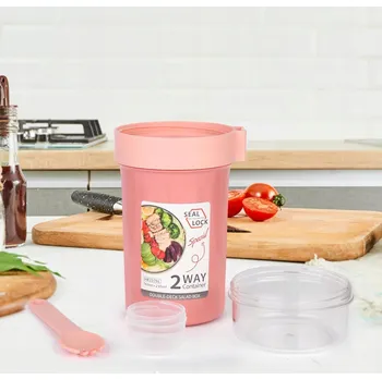 Snídaňový hrnek 2v1 Lyfeesis, 750 ml + 230 ml, S lžičkou, Růžový