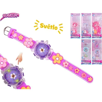 Hodiny Glamour hodinky náramkové analogové dívčí na baterie se světlem - mix barev (růžové s květinou)