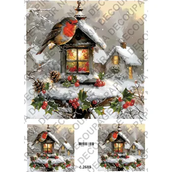 Umělecký papír Rýžový a soft papír na decoupage - Ptáček, lucerna, zima - KB2689 Materiál: Soft, Rozměr: A4