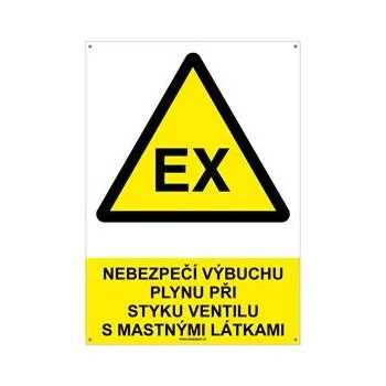 NEBEZPEČÍ VÝBUCHU PLYNU PŘI STYKU VENTILU S MASTNÝMI LÁTKAMI - bezpečnostní tabulka s dírkami, plast A4, 2 mm