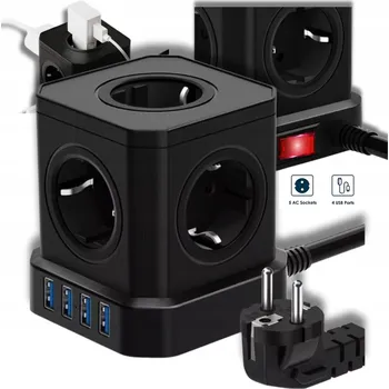 Napájecí kabel Zásuvková lišta VOOMY 9 v 1 napájecí kostka s USB, 5 zásuvek, 2 m, černá