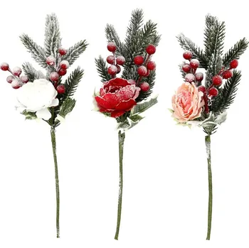 Vánoční dekorace Zápich větvička 380 mm zasněžená, smrk s růží mix