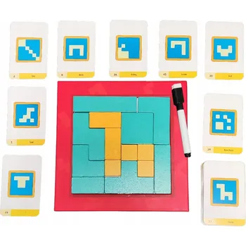 Dřevěná hračka Dřevěné puzzle tvary stavebnice + tabulka s fixem