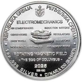 Stříbrná mince 1 oz, 100 dinárů, Tesla: Rotující magnetické pole 2025
