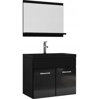 Koupelnový nábytek Koupelnová skříňka s ČERNÝM umyvadlem a zrcadlo, černý lesk 60x35 cm Etna