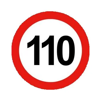 Nejvyšší omezená/konstrukční rychlost vozidla 110 km, bezpečnostní tabulka, samolepka - kruh 15 cm
