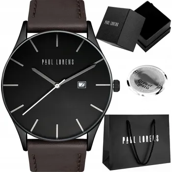Hodinky Pánské hodinky Paul Lorens LONGIO ČERNÉ/HNĚDÉ kožené - s datumovkou + GRAVÍROVÁNÍ