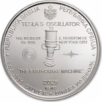 Stříbrná mince 1 oz 100 dinárů Tesla: Zemětřesný stroj 2025