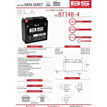 Motobaterie BS akumulátor BT14B-4 (FA) (YT14B4) 12V 12Ah Yamaha FZS BT XVS FJR XV MT-01
