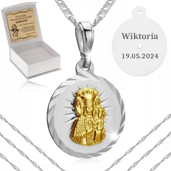 Řetízek STŘÍBRNÝ ŘETÍZEK POZLACENÝ MEDAILON Matka Boží 925 DÁREK SVATÉ PŘIJÍMÁNÍ GRAVÍROVÁNÍ