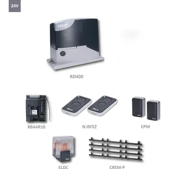 Road400 Kit-KH sada pohonu Nice pro bránu do 400 kg - kompletní sada pohonu ROAD s dálkovým ovládáním, fotobuňkami, majákem a hřebeny pro posuvnou samonosnou bránu do 400 kg - pohon RD400, elektronika s vestavěným přijímačem, 2 x 2-kanál. vysílač, fotobuň