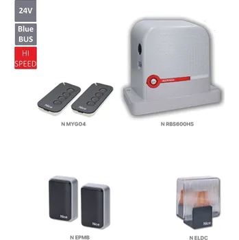 RBS600HS-KIT sada rychlého pohonu Nice pro posuvnou bránu do 600 kg - sada vysokorychlostního pohonu obsahuje pohon posuvné brány RBS600 HI-SPEED, 24V, 2-kanál. vysílač, fotobuňky, maják, technologie BlueBus
