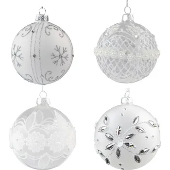 Svíčka Koule sklo 80 mm na stromeček s dekorem mix, bílá