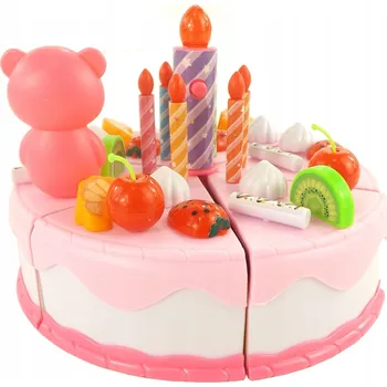 Hračka pro nejmenší TORT DO KROJENIA NA RZEPY URODZINOWY DORT K NAKRÁJENÍ NA SUCHÝ ZIP NAROZENINOVÝ, ZDOBENÍ, SVÍČKY, ZMRZLINA RŮŽOVÁ 80 DÍLŮ