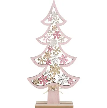 Vánoční dekorace Vánoční strom dřevěný s vločkami 20 x 39 cm - růžový